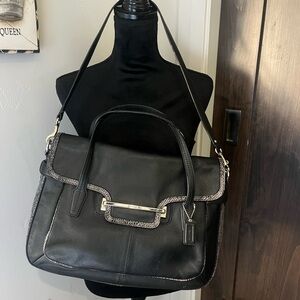 Coach Black Leather Satchel with Snake-Trim Accent